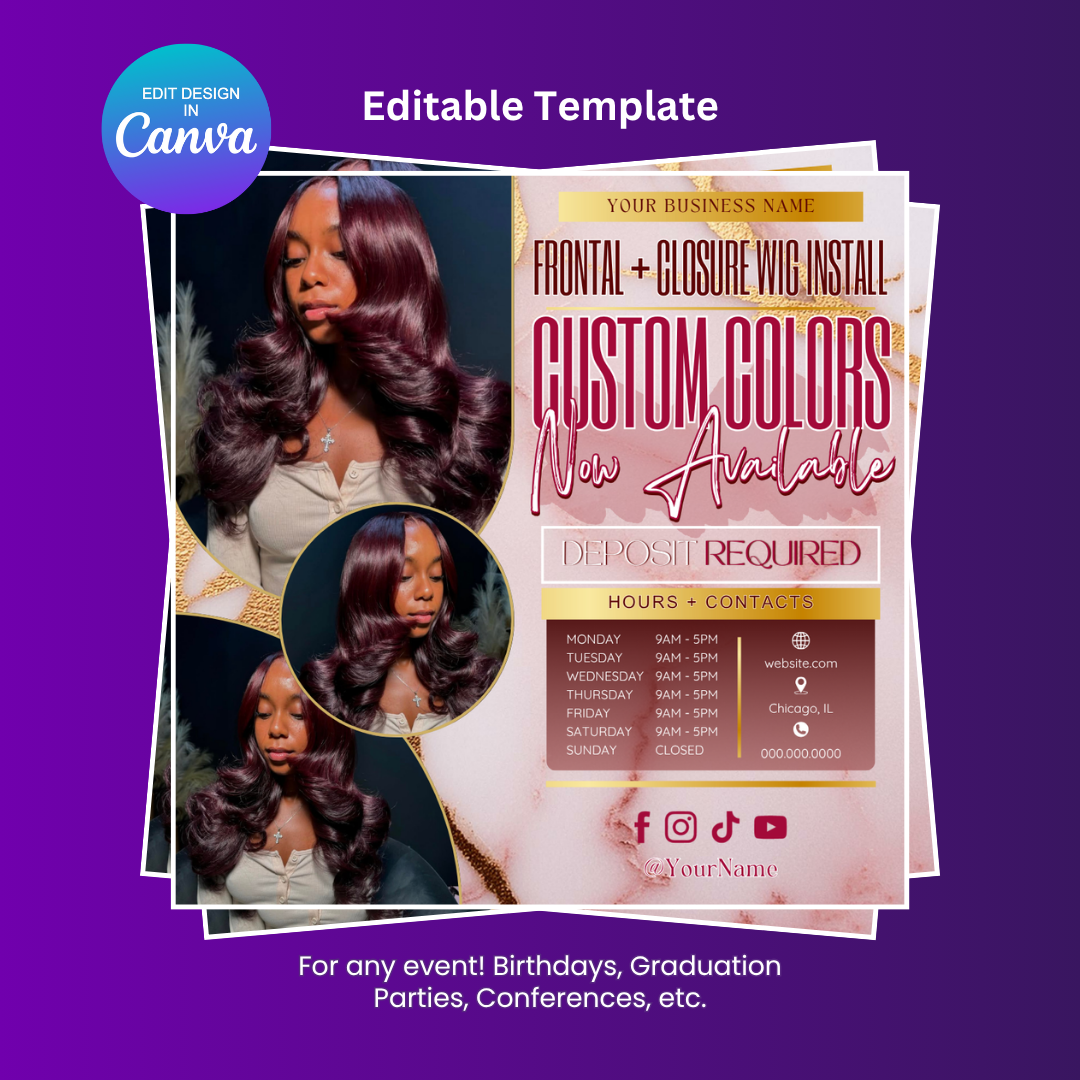 Wig Install and Hair Sale Booking Flyer Editable Canva Template