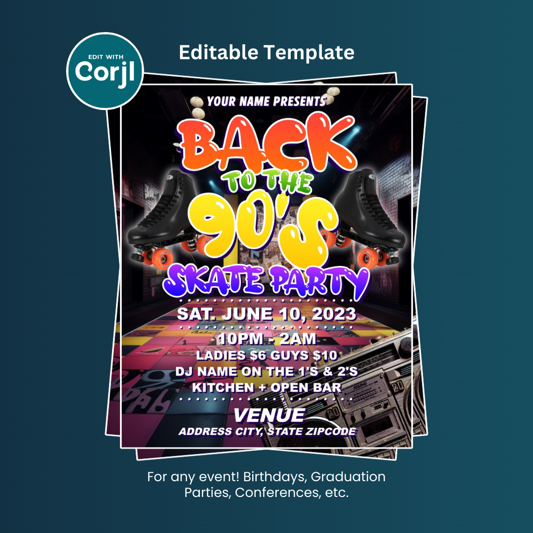 Back to the 90's Skate Party Flyer Editable Template