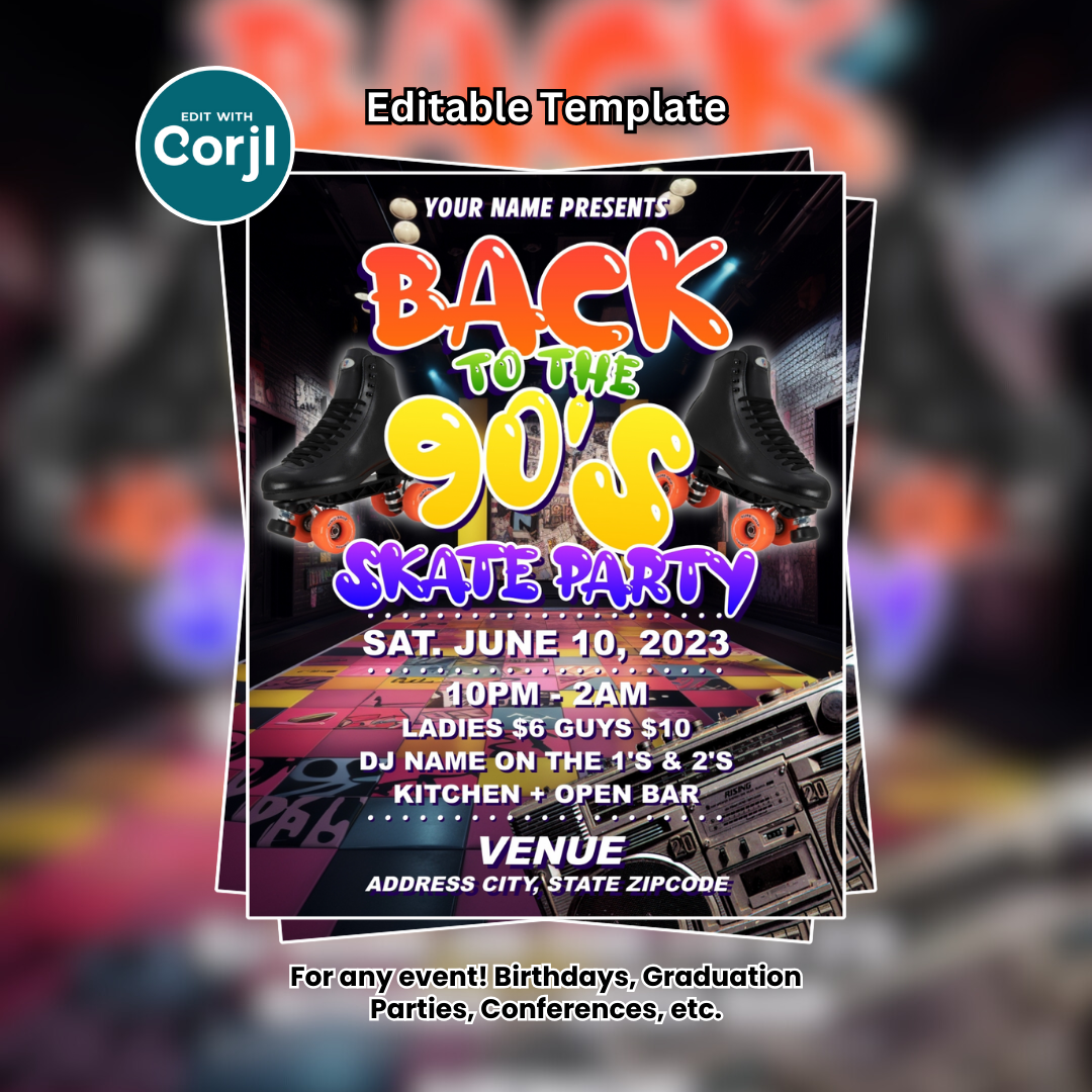 Back to the 90's Skate Party Flyer Editable Template