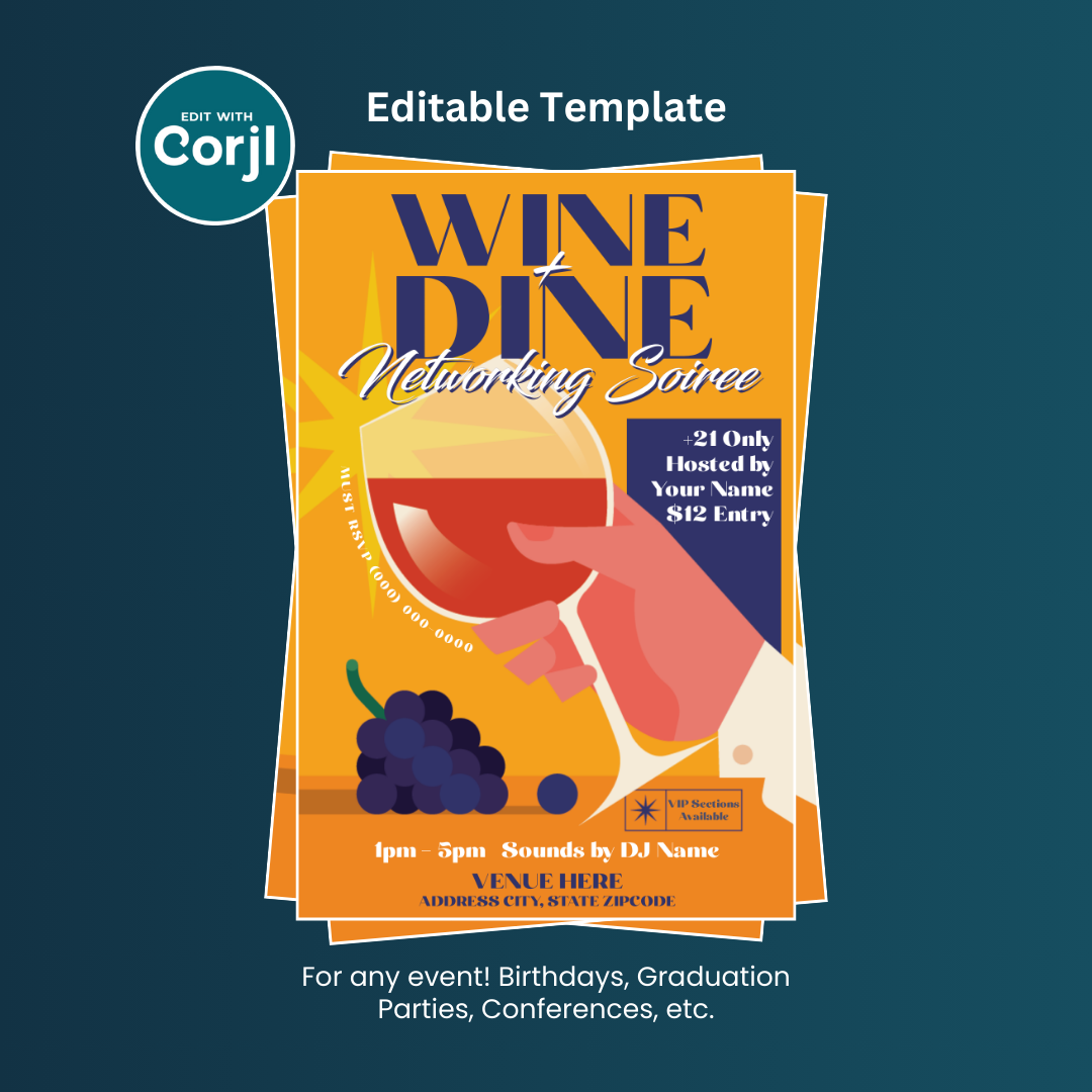 Wine and Dine Soiree Event Flyer Editable Template (4x6)