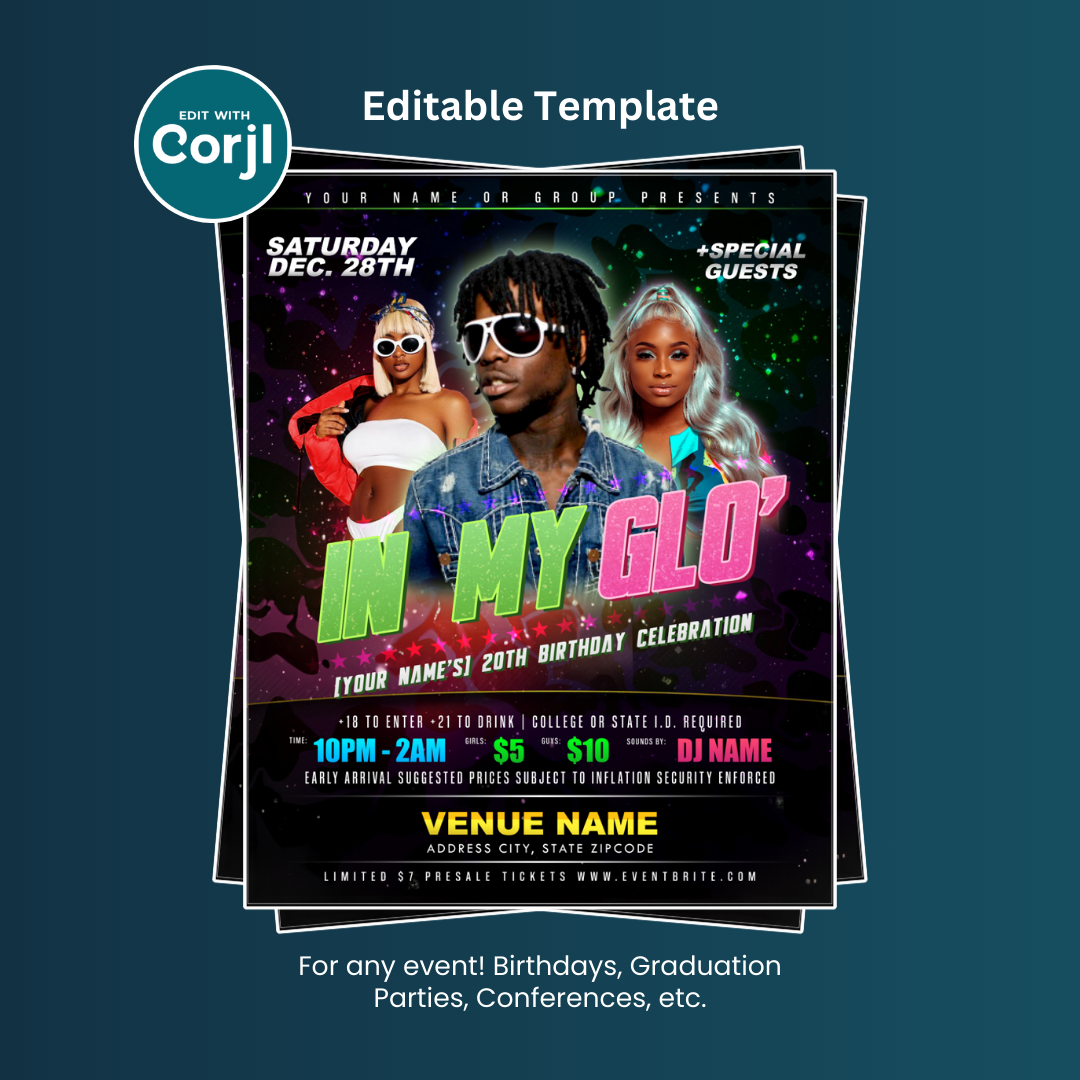 In My Glo Birthday Party Flyer Editable Template
