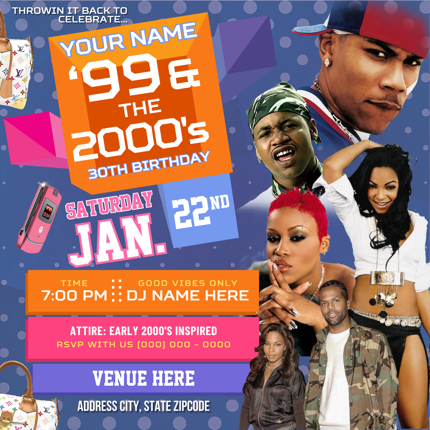 99 and the 2000's Birthday Party Flyer Editable Canva Template (OG Purple)