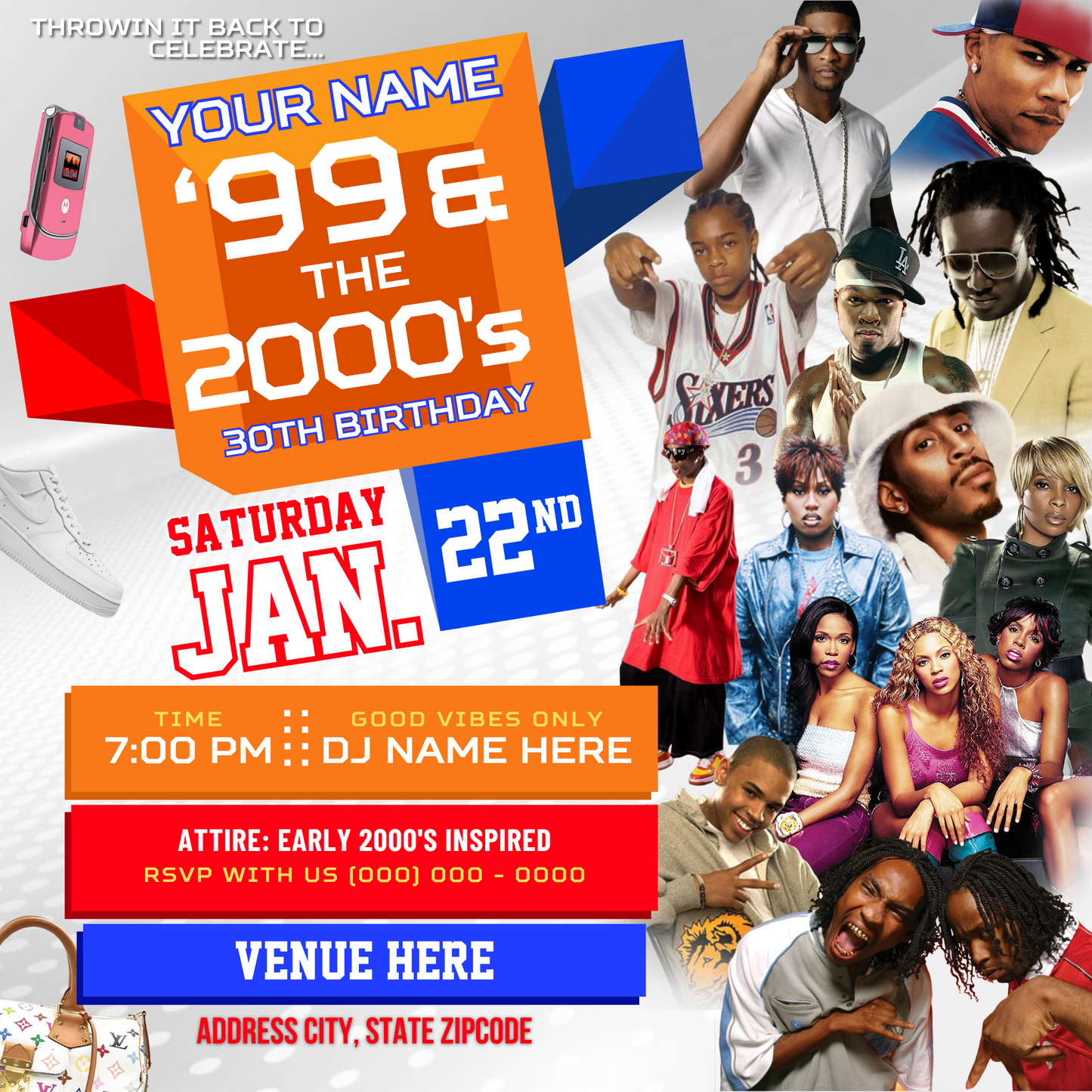 99 and the 2000's Birthday Party Flyer Editable Canva Template (Swag White)
