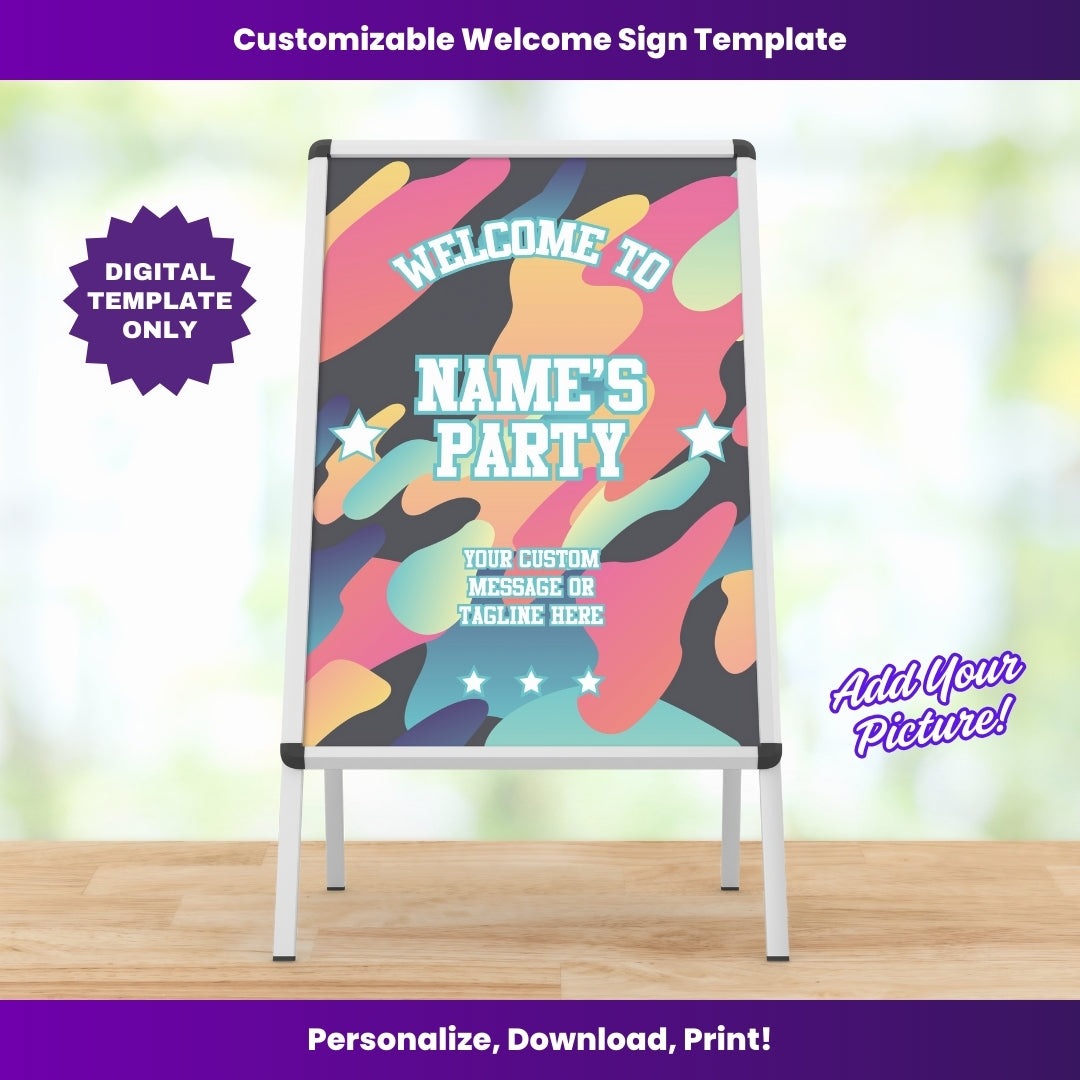 Abstract Swirl 90s Party Welcome Sign – Editable Template (Canva Design)
