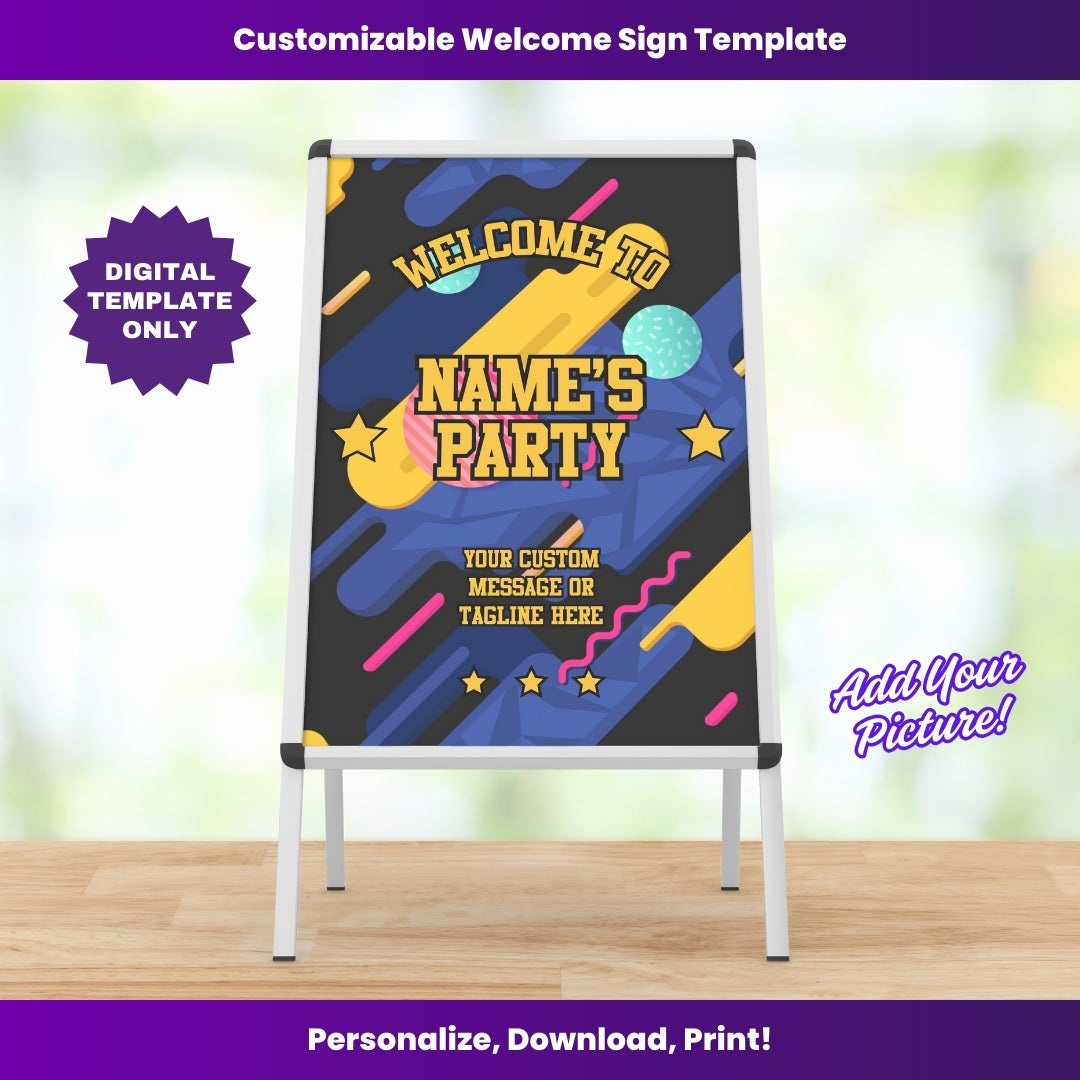 Neon Rave 90s Party Welcome Sign – Editable Template Canva Design