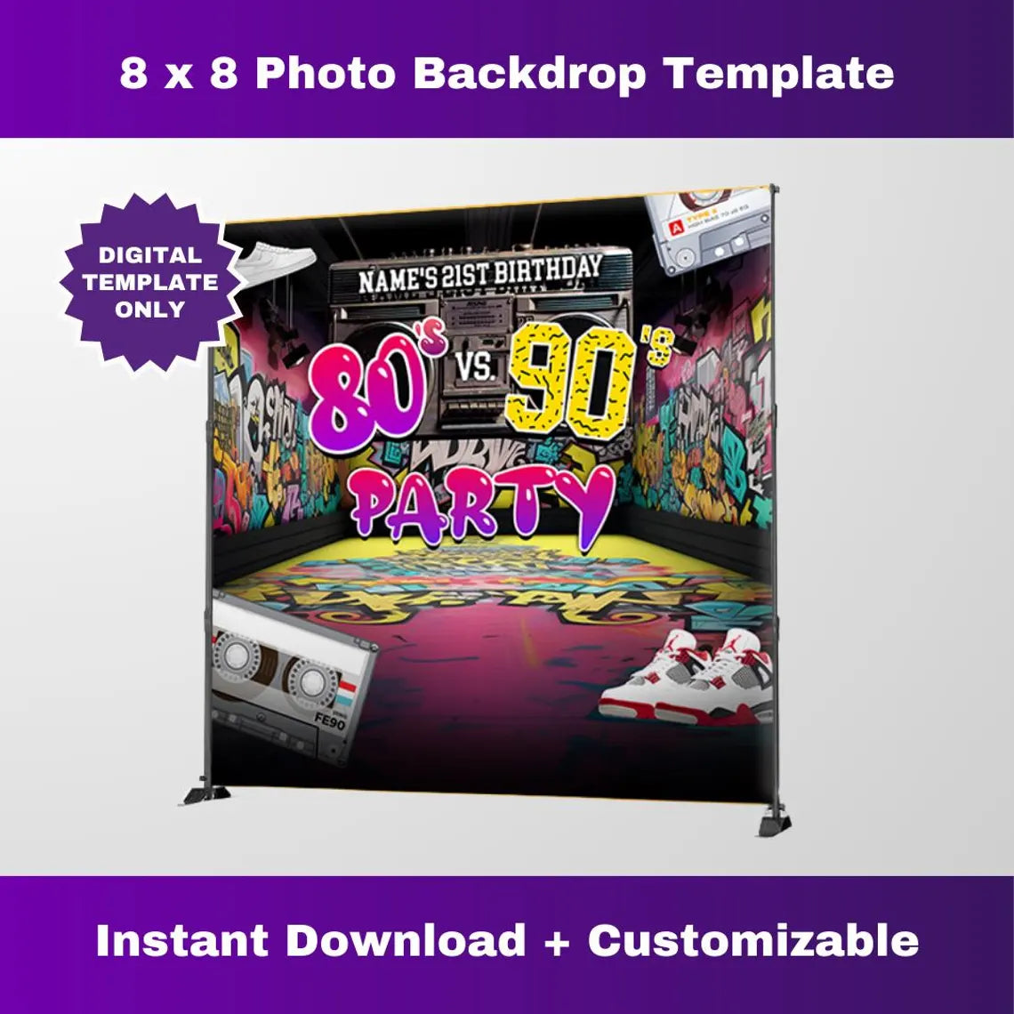 80s vs 90s Party Photo Backdrop Editable Template