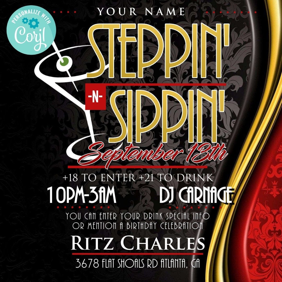 Stepping and Sipping Social Party Invitation - Editable Template (Corjl Design)