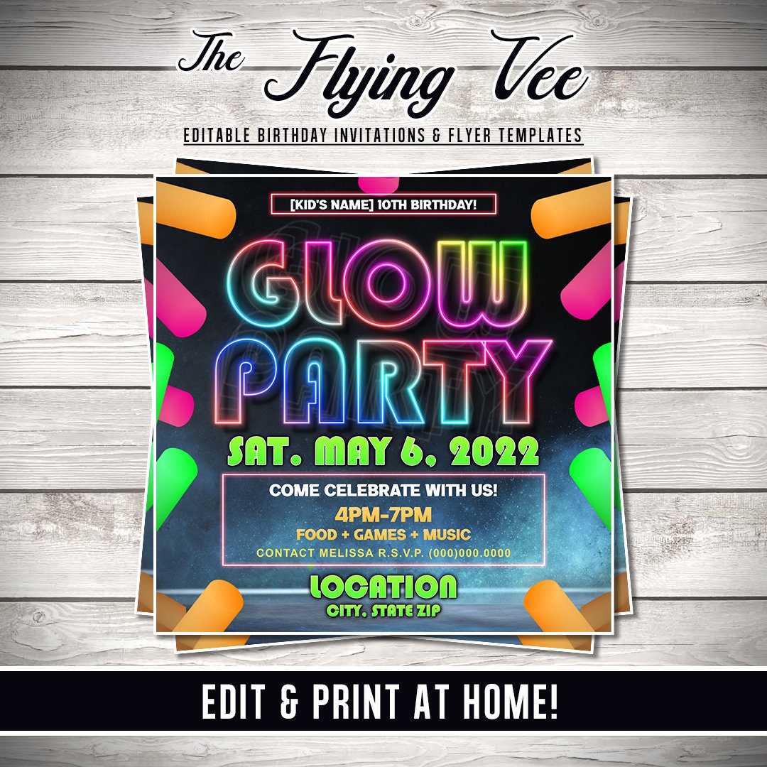 Glow Party Birthday Invitation – Editable Template (Corjl Design)