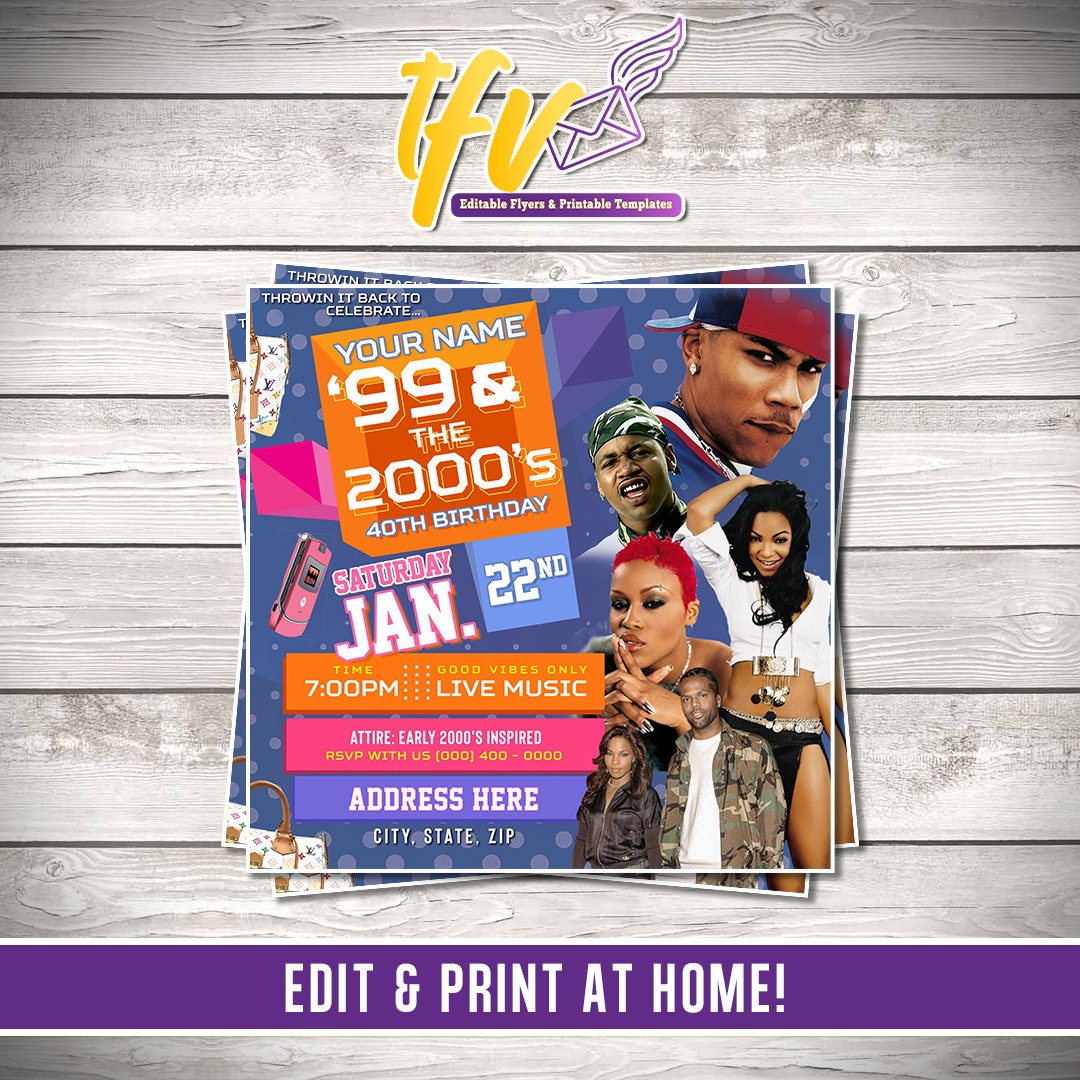 99 and the 2000's Birthday Party Flyer Editable Template (OG Purple)