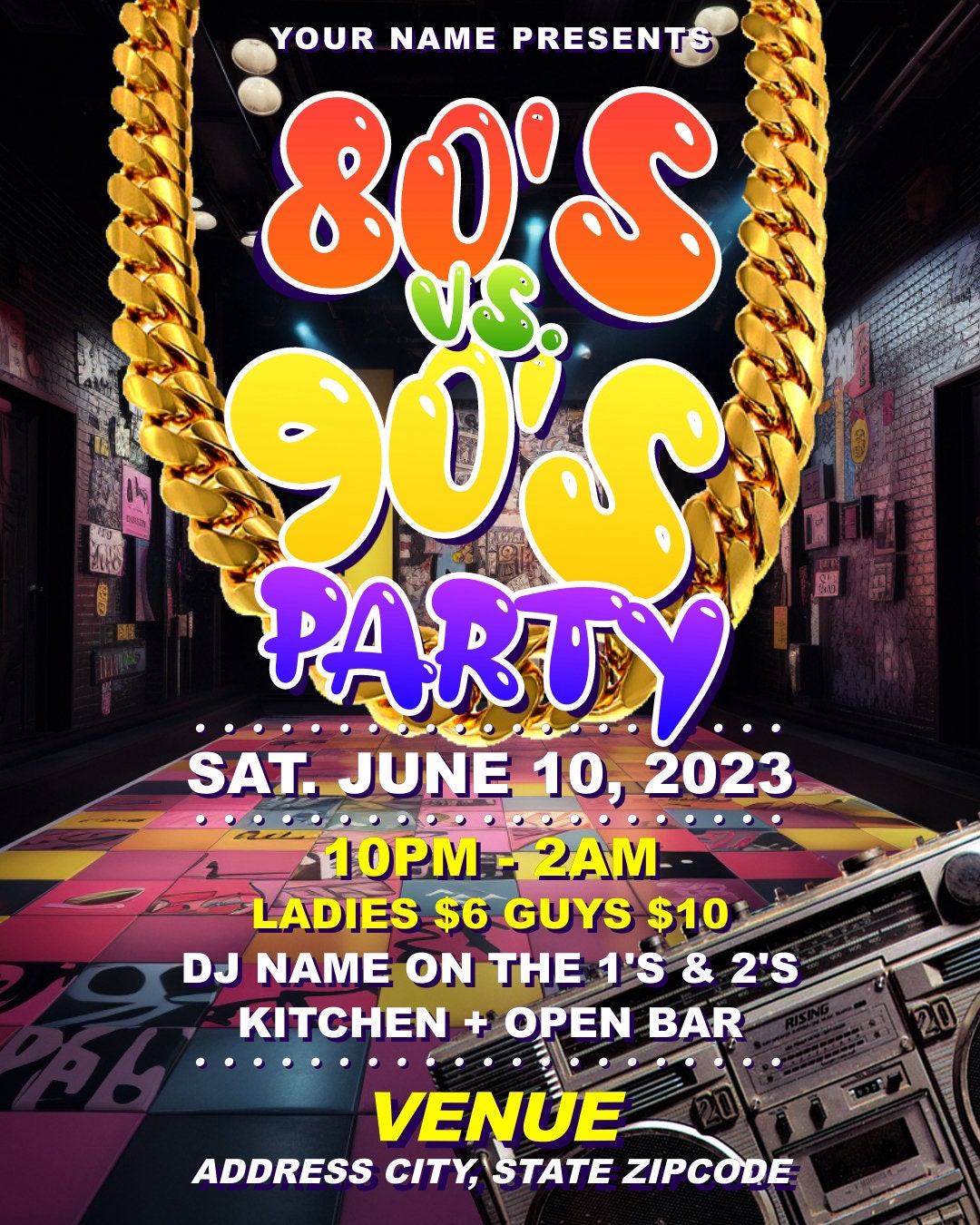 80's vs 90's Gold Chain Party Flyer Editable Template