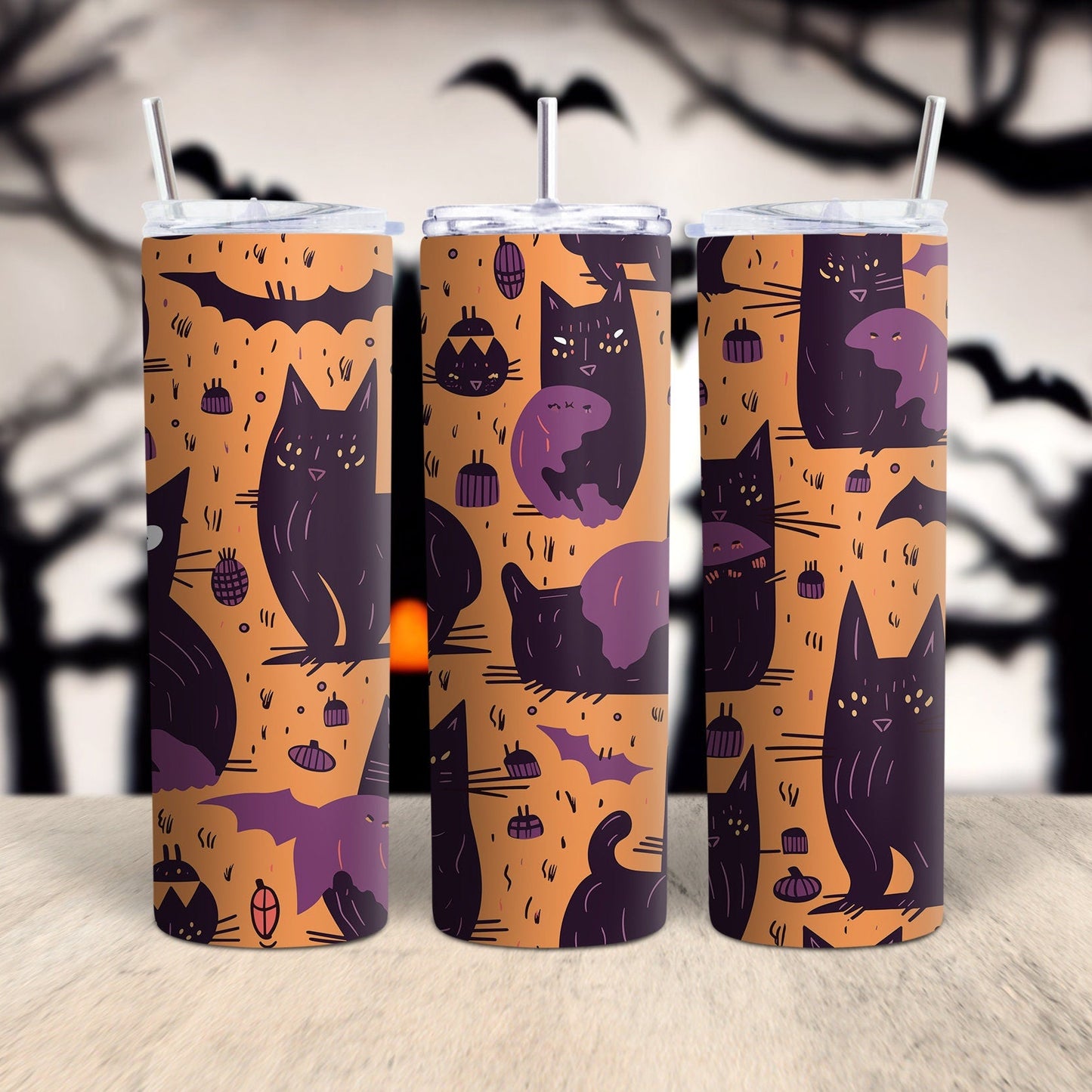 Cat Orange Halloween Pattern 20 Oz Skinny Tumbler Wrap