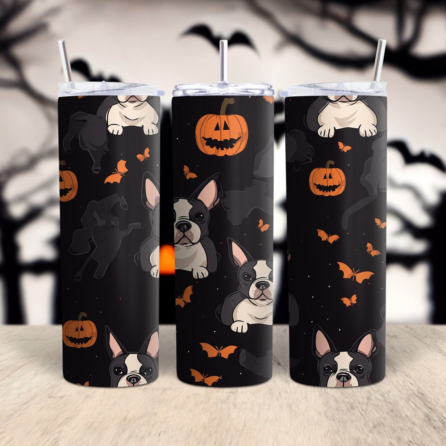 A digital graphic design featuring cartoon-style dogs in Halloween costumes on a black background with orange and black accents, intended for use in sublimation printing on tumblers or other items.