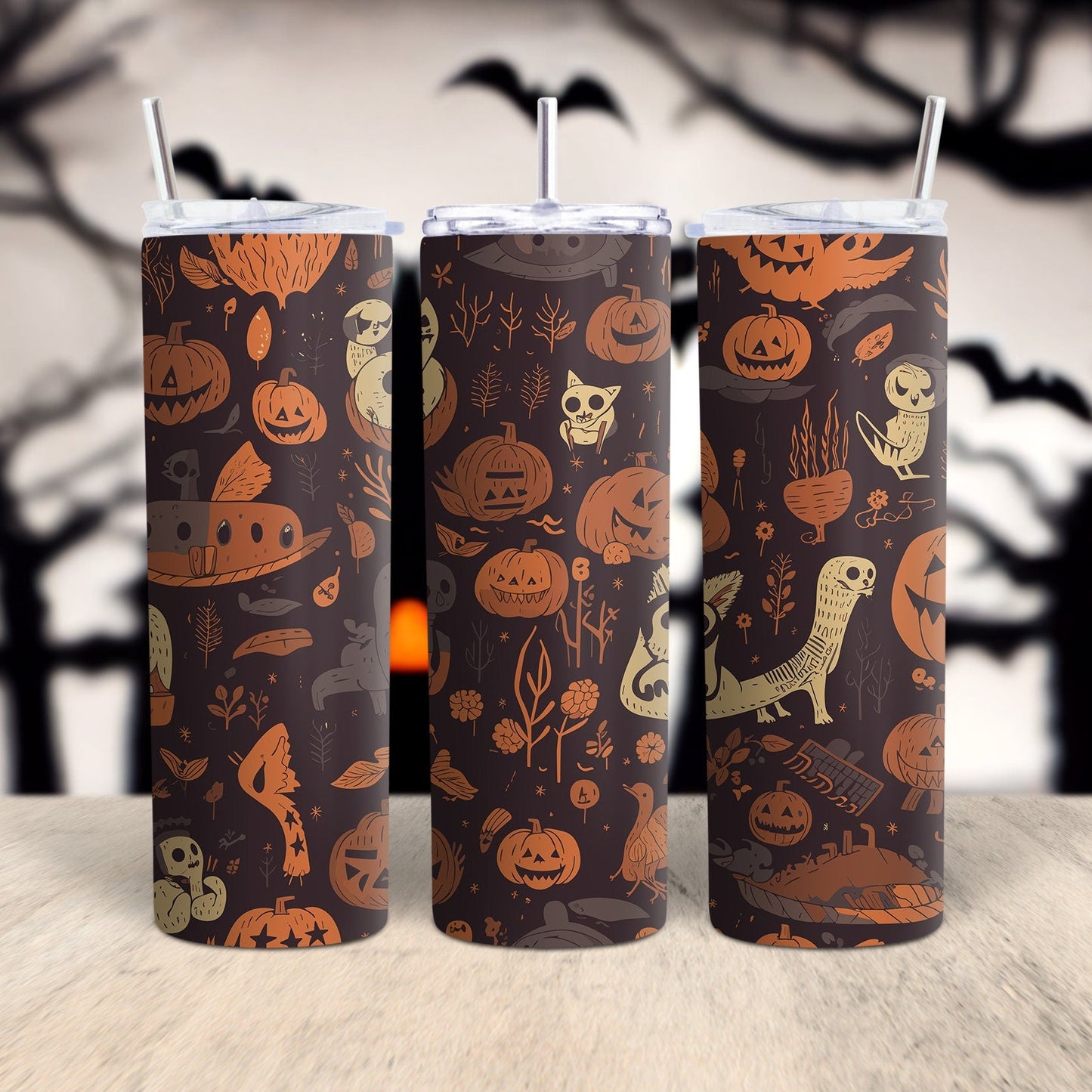 Three Halloween-themed tumblers with pumpkins, ghosts, and ghosts on a wooden surface with a dark background.