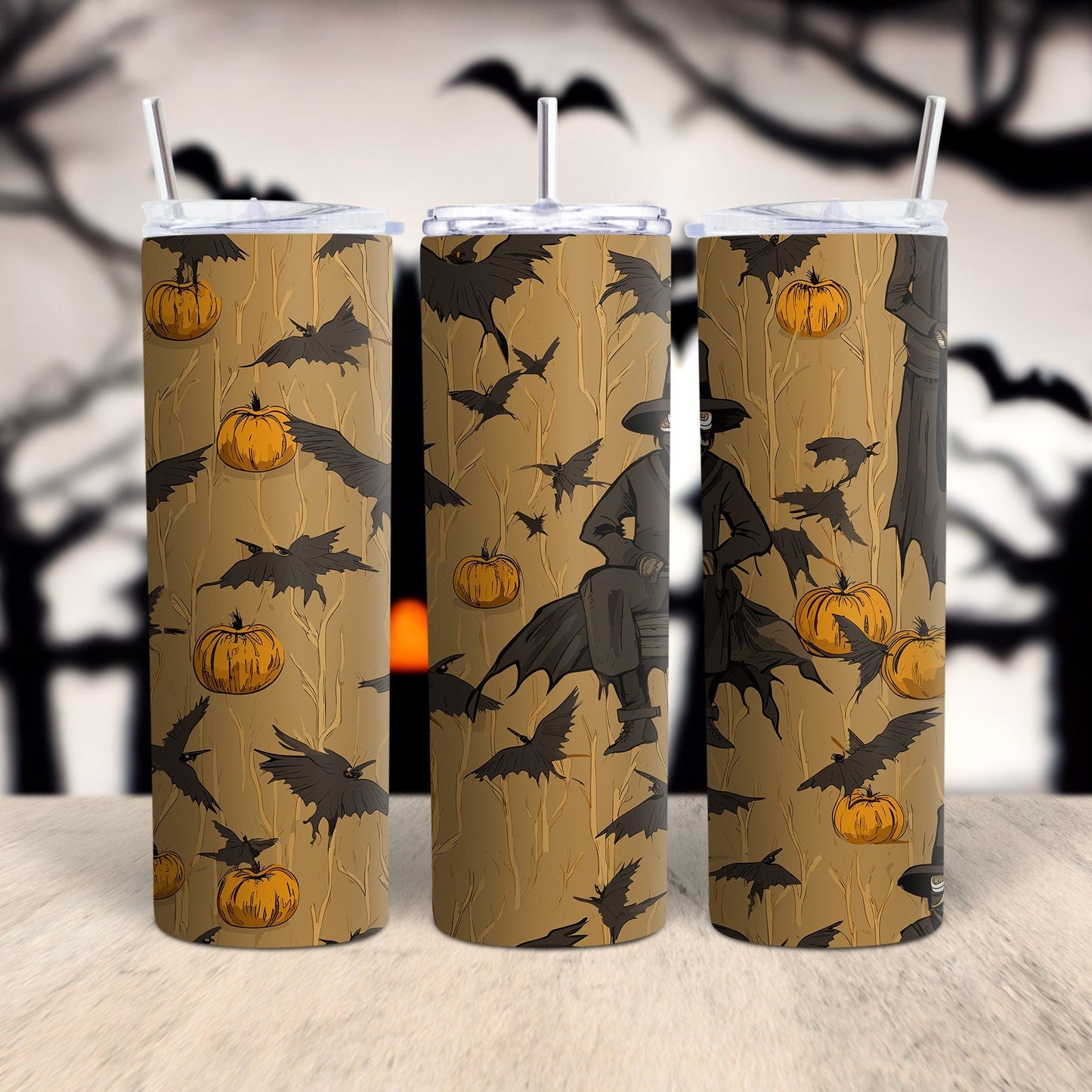 A digital image showing a sublimation design of a tumbler wrap with a scarecrow and pumpkin motif in a rustic Halloween style.