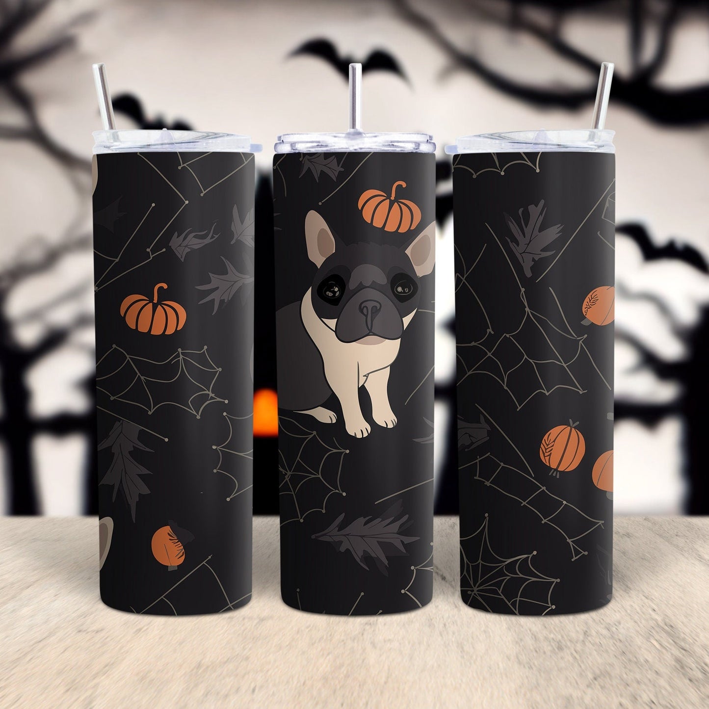 A digital image featuring a cartoon dog with a pumpkin, surrounded by a pattern of bats and ghosts, intended for use in sublimation printing.
