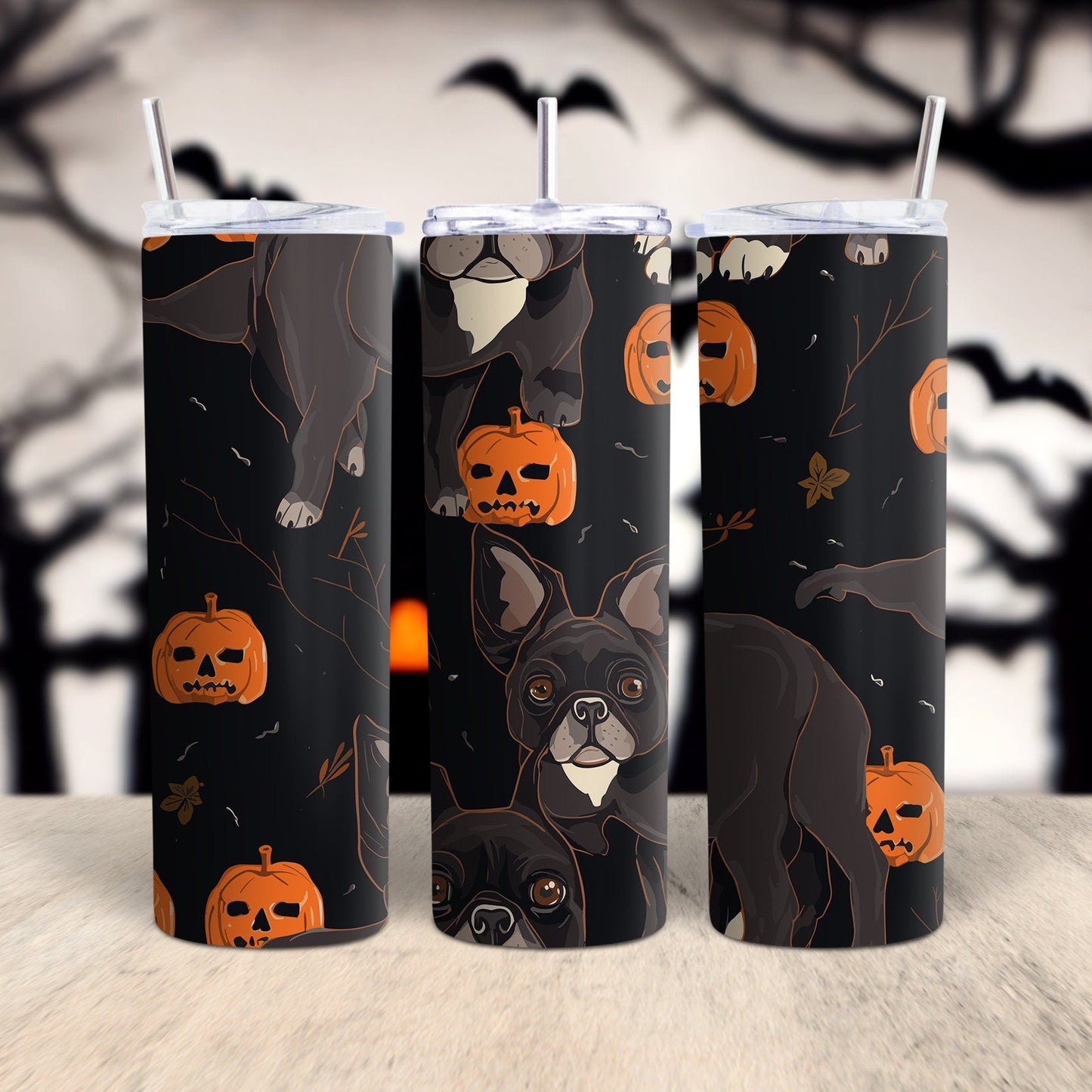 A digital tumbler wrap design featuring various stylized illustrations of dogs and pumpkins in a Halloween theme on a black background.