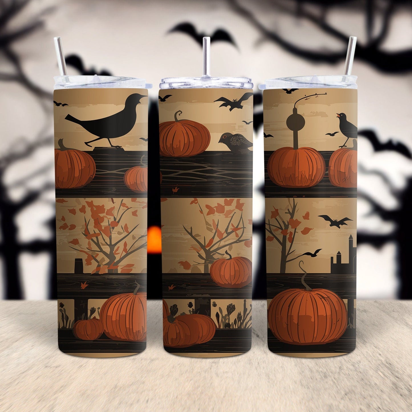 A digital image showing a rustic halloween-themed seamless tumbler wrap with sublimation design featuring pumpkins and autumn leaves.
