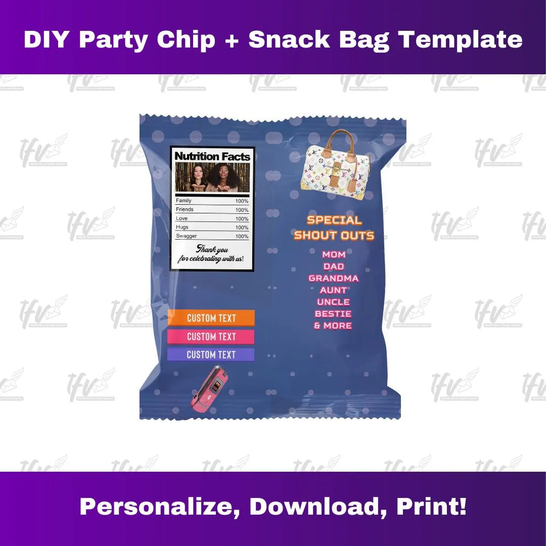 99 and the 2000's Birthday Party Chip Bag Editable Template (Camron & Missy Purple)