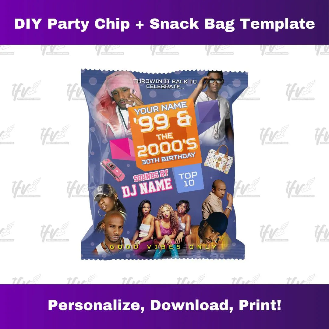 99 and the 2000's Birthday Party Chip Bag Editable Template (Camron & Missy Purple)