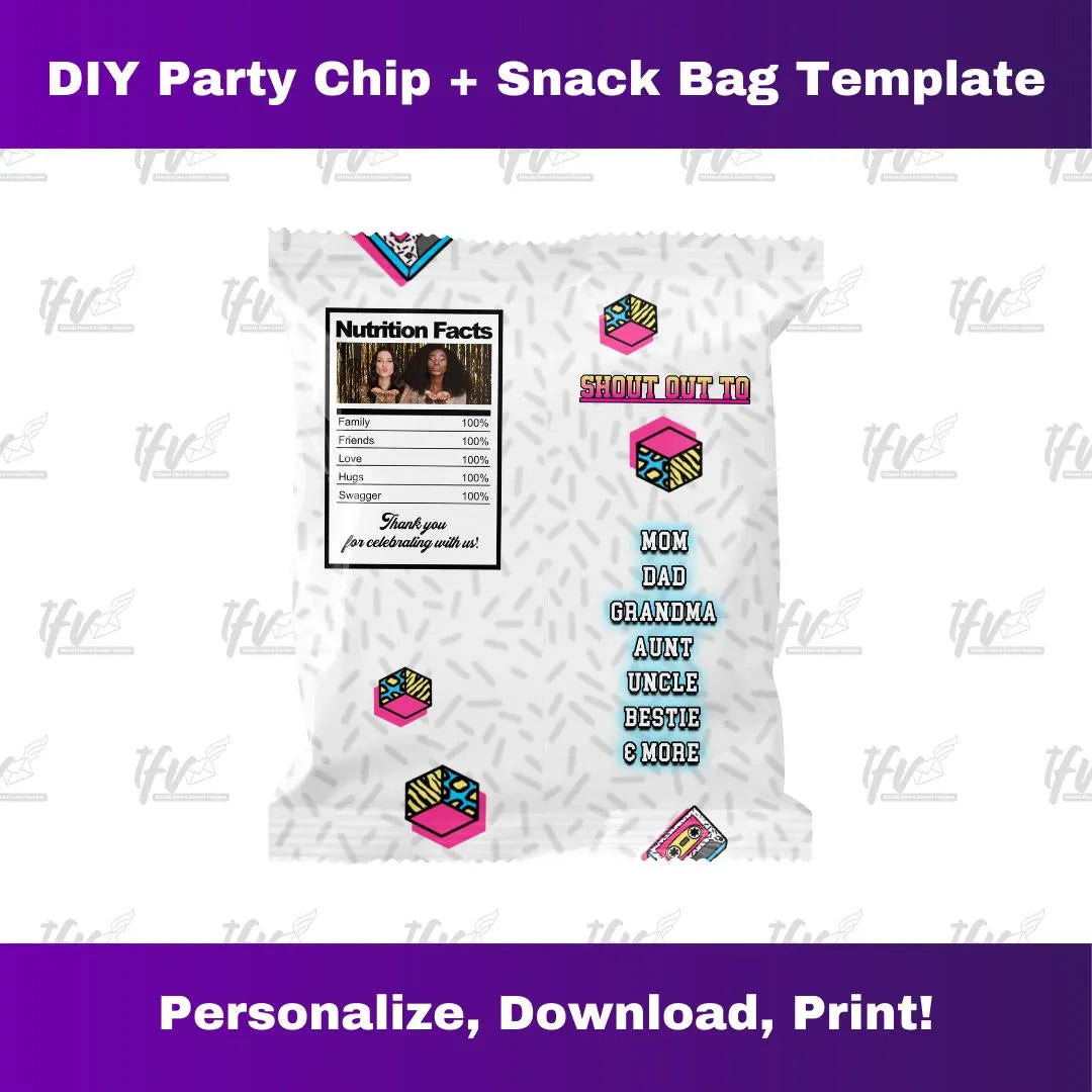 90s Retro Vibe Birthday Party Chip Bag Editable Template