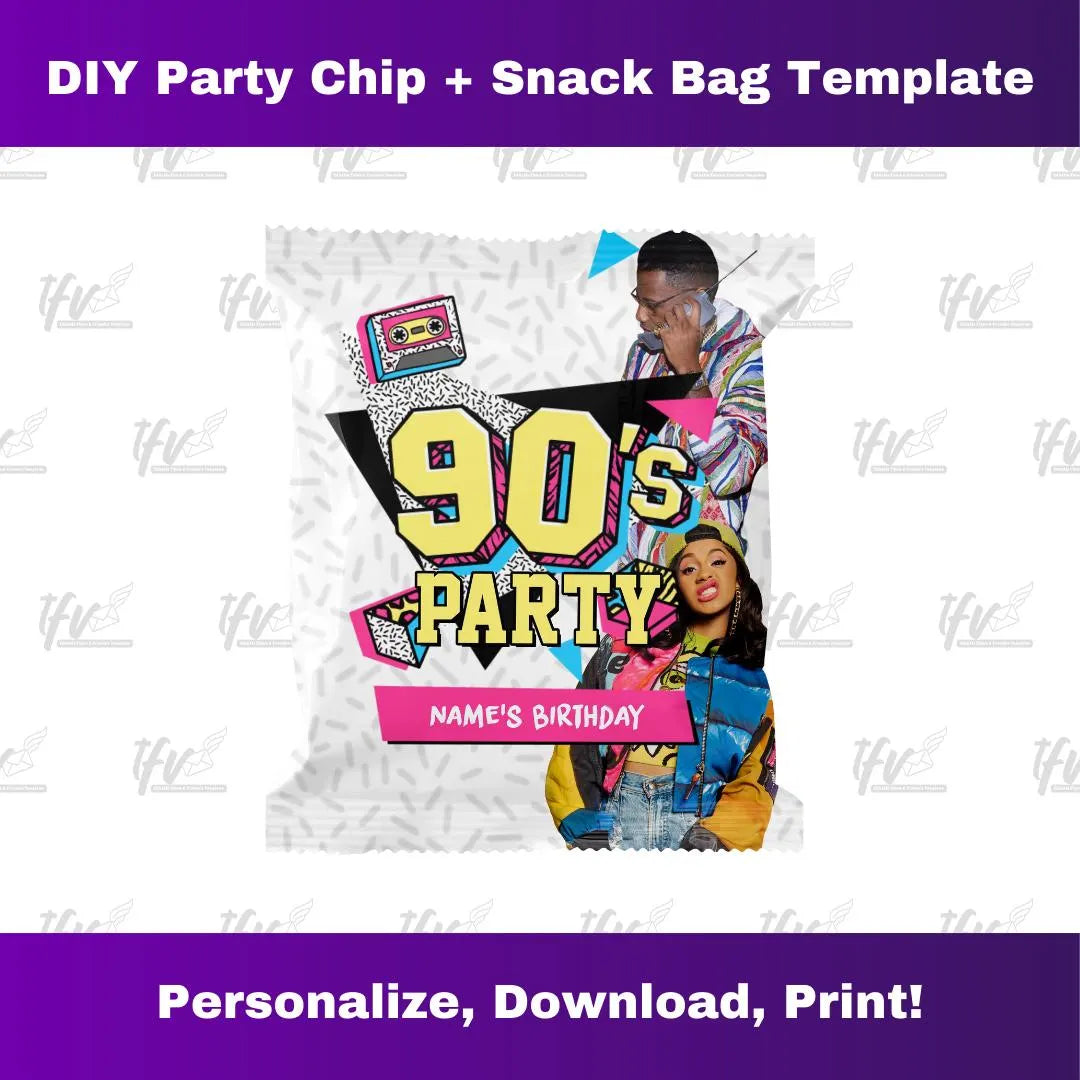 90s Retro Vibe Birthday Party Chip Bag Editable Template