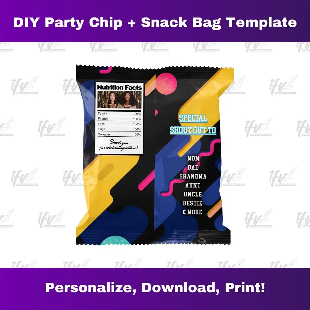 Neon Rave 90's Birthday Party Chip Bag Template