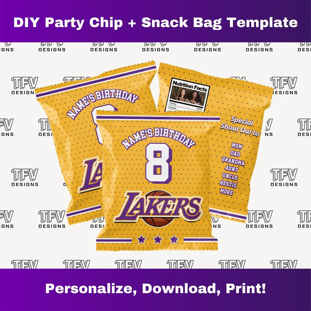 Lakers Birthday Party Chip Snack Bag Editable Template