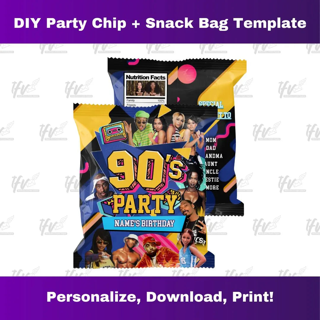 Neon Rave 90's Birthday Party Chip Bag Template