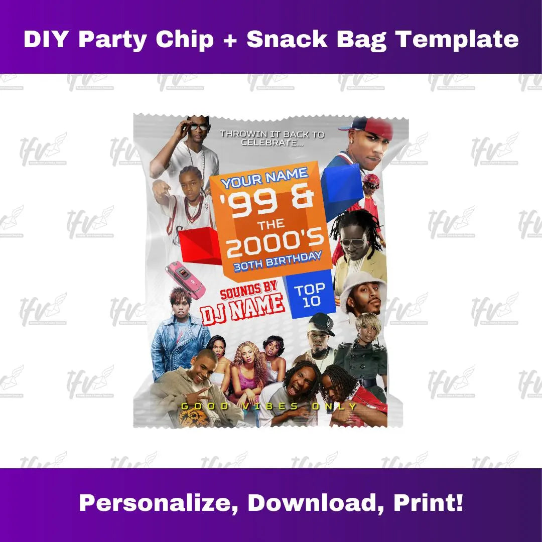 99 and the 2000's Birthday Party Chip Bag Template (Swag White)