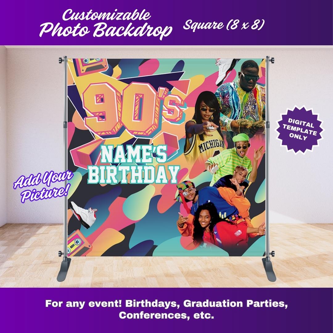 Abstract Swirl 90s Party 8 x 8 ft Backdrop Editable Template