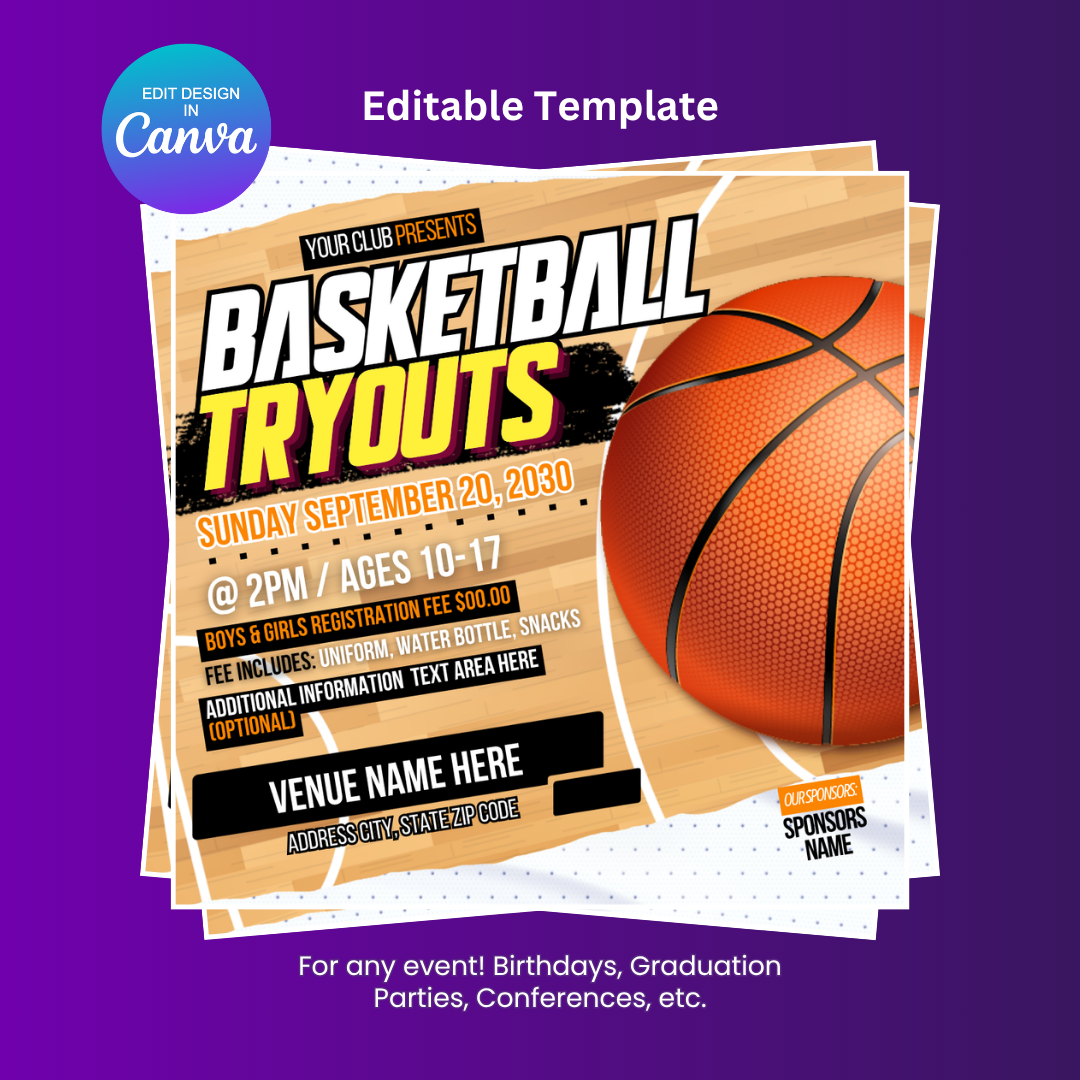 Basketball Tryouts Flyer Editable Canva Template