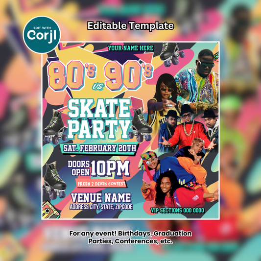 Abstract Swirl 80's vs 90's Birthday Skate Party Flyer Editable Template