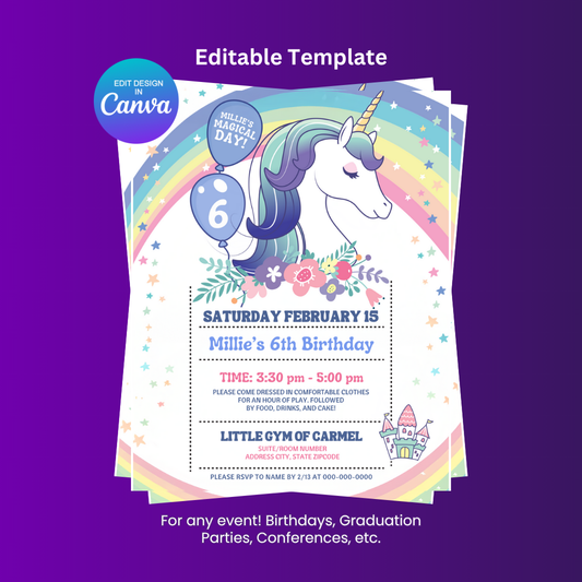Unicorn Theme Birthday Party Flyer Editable Canva Template