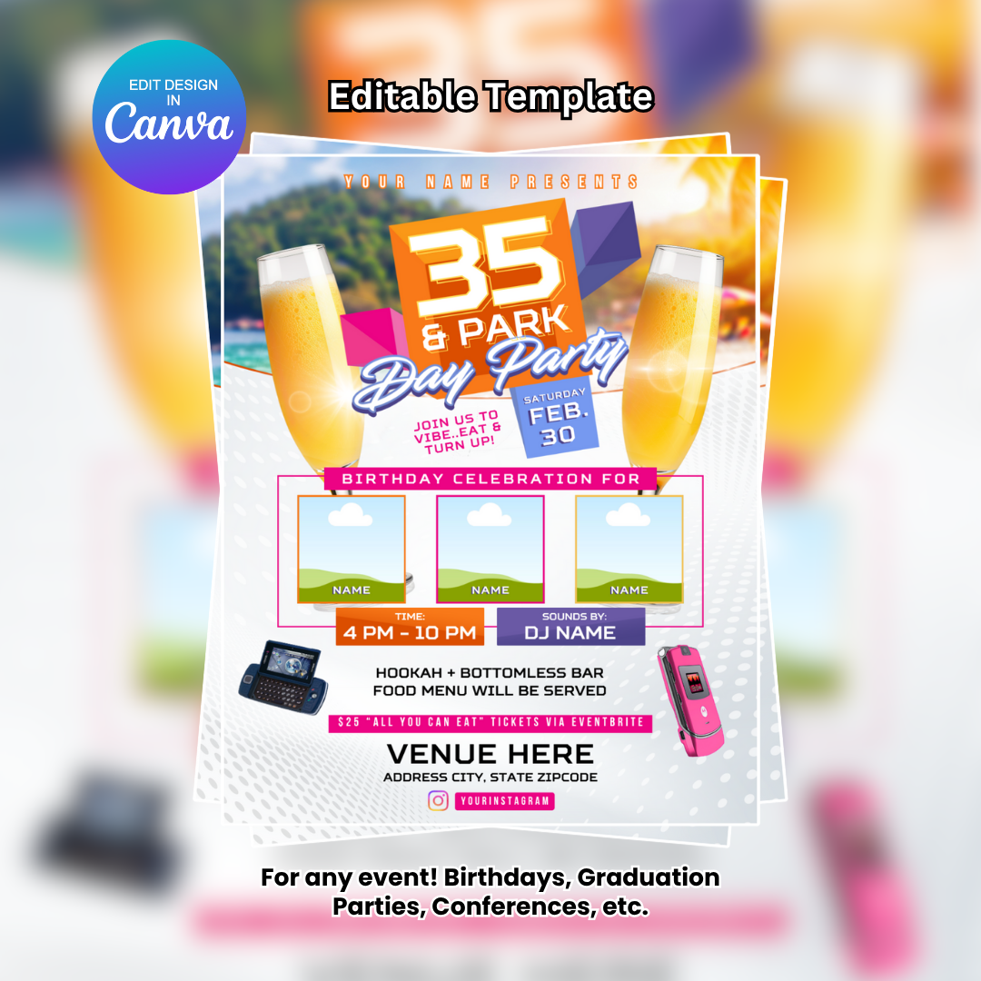 106 and Park Day Party Flyer Editable Canva Template