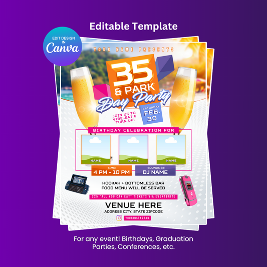 106 and Park Day Party Flyer Editable Canva Template