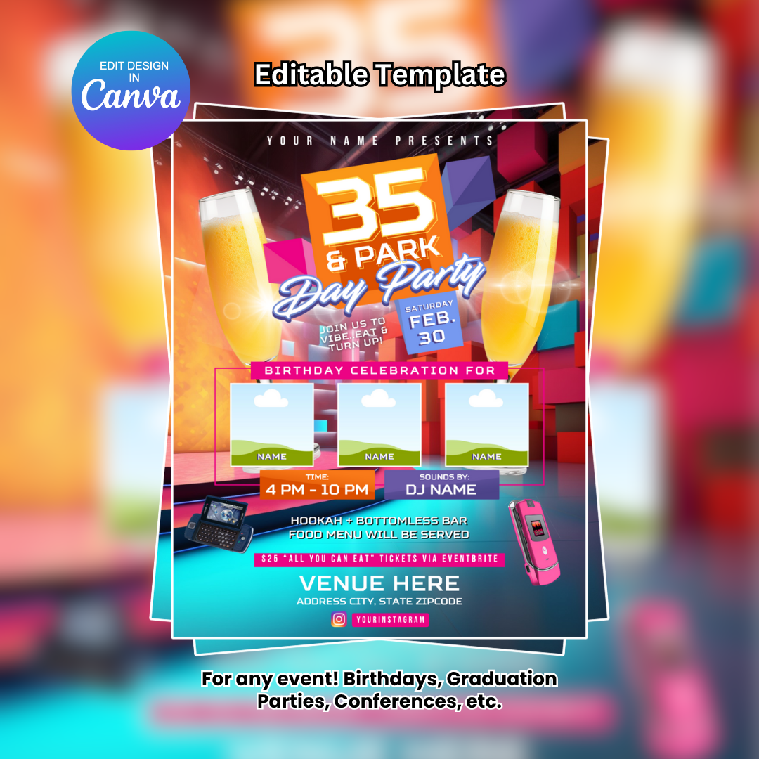 106 and Park Day Party Flyer Editable Canva Template (Studio Countdown)