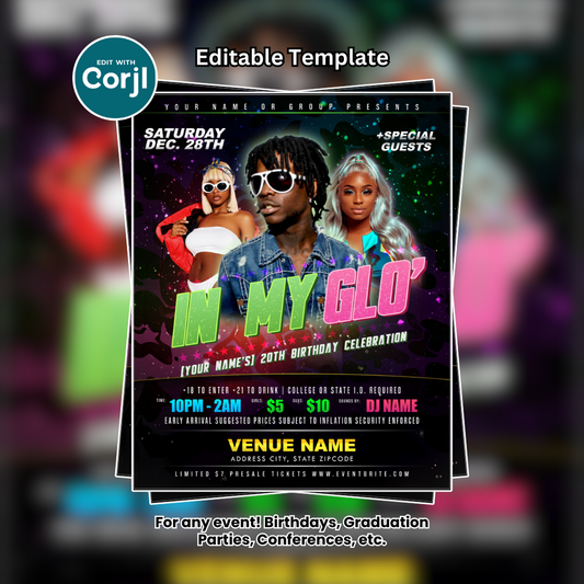 In My Glo Birthday Party Flyer Editable Template