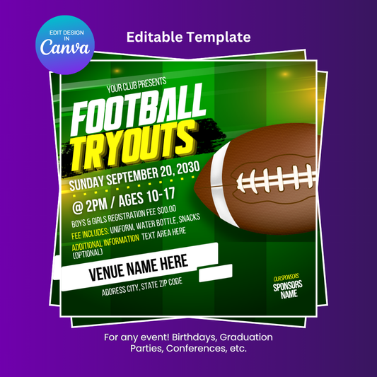 Football Tryouts Flyer Editable Canva Template