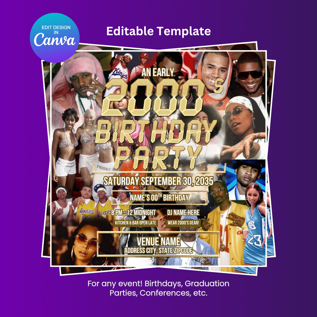 An Early 2000's Birthday Party Flyer Editable Canva Template