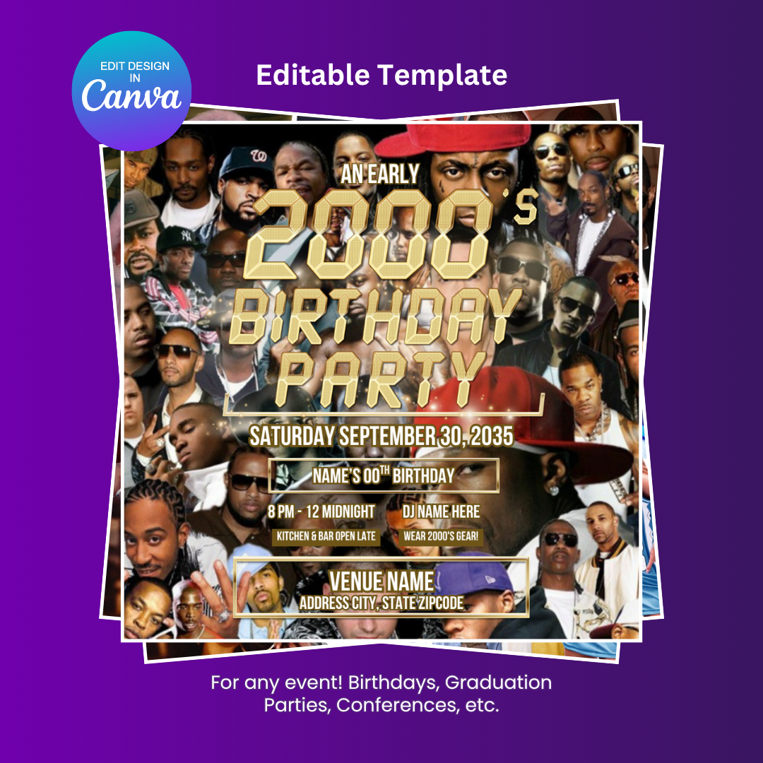 An Early 2000's Birthday Rap Party Flyer Editable Canva Template