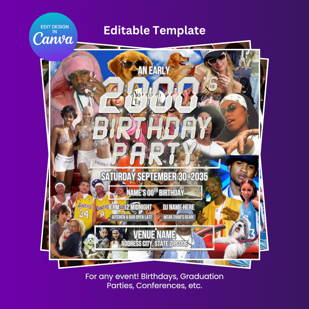 An Early 2000's Birthday Platinum Dog Party Flyer Editable Canva Template