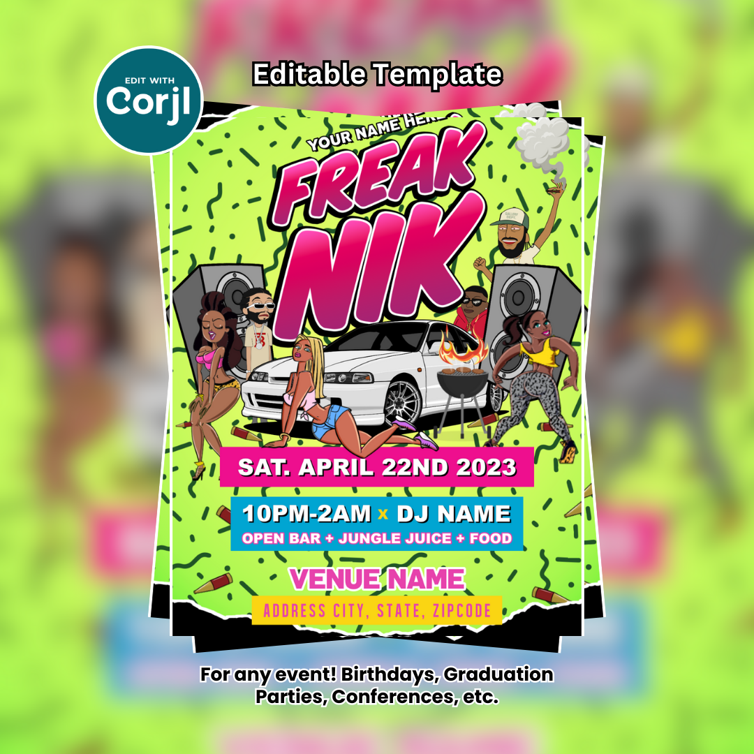 Retro Freaknik Party Flyer Editable Template (Green)