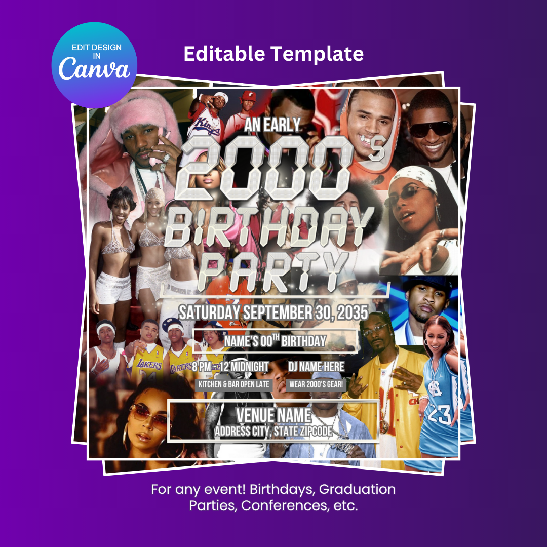 An Early 2000's Birthday Platinum Rap Party Flyer Editable Canva Template
