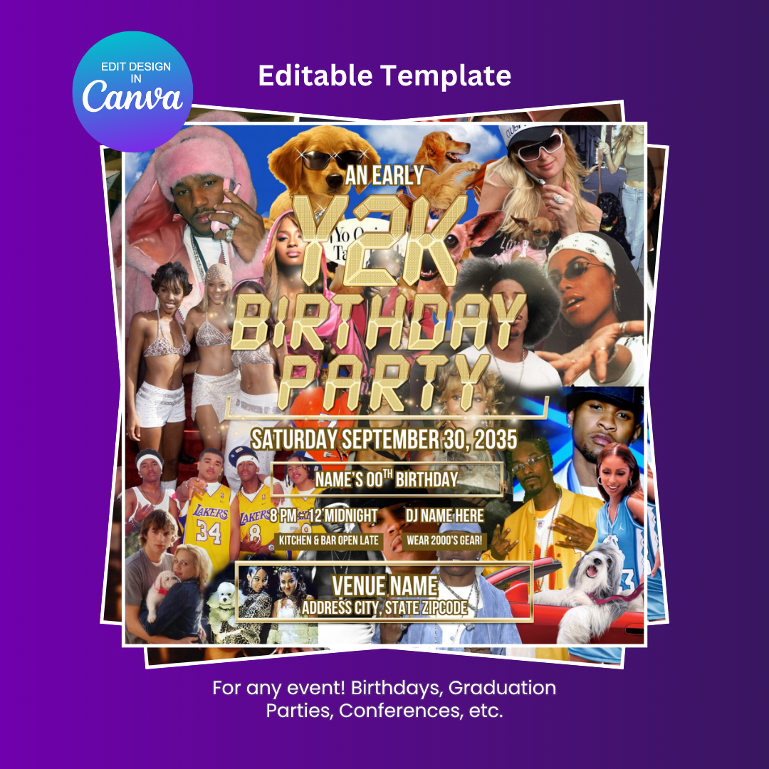 An Early 2000's Dog Party Flyer Editable Canva Template