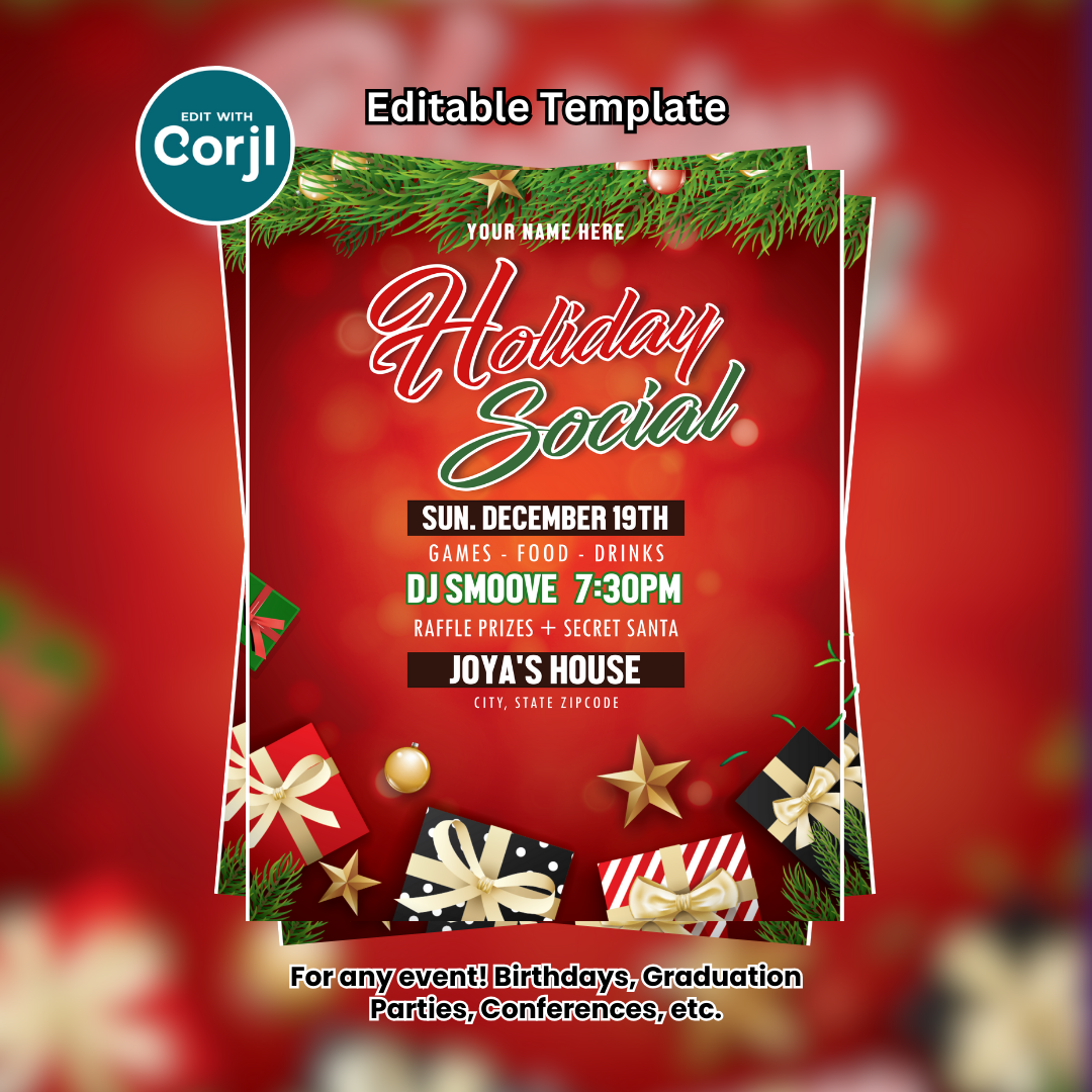 Holiday Social / Company Party Flyer Editable Template (Red)