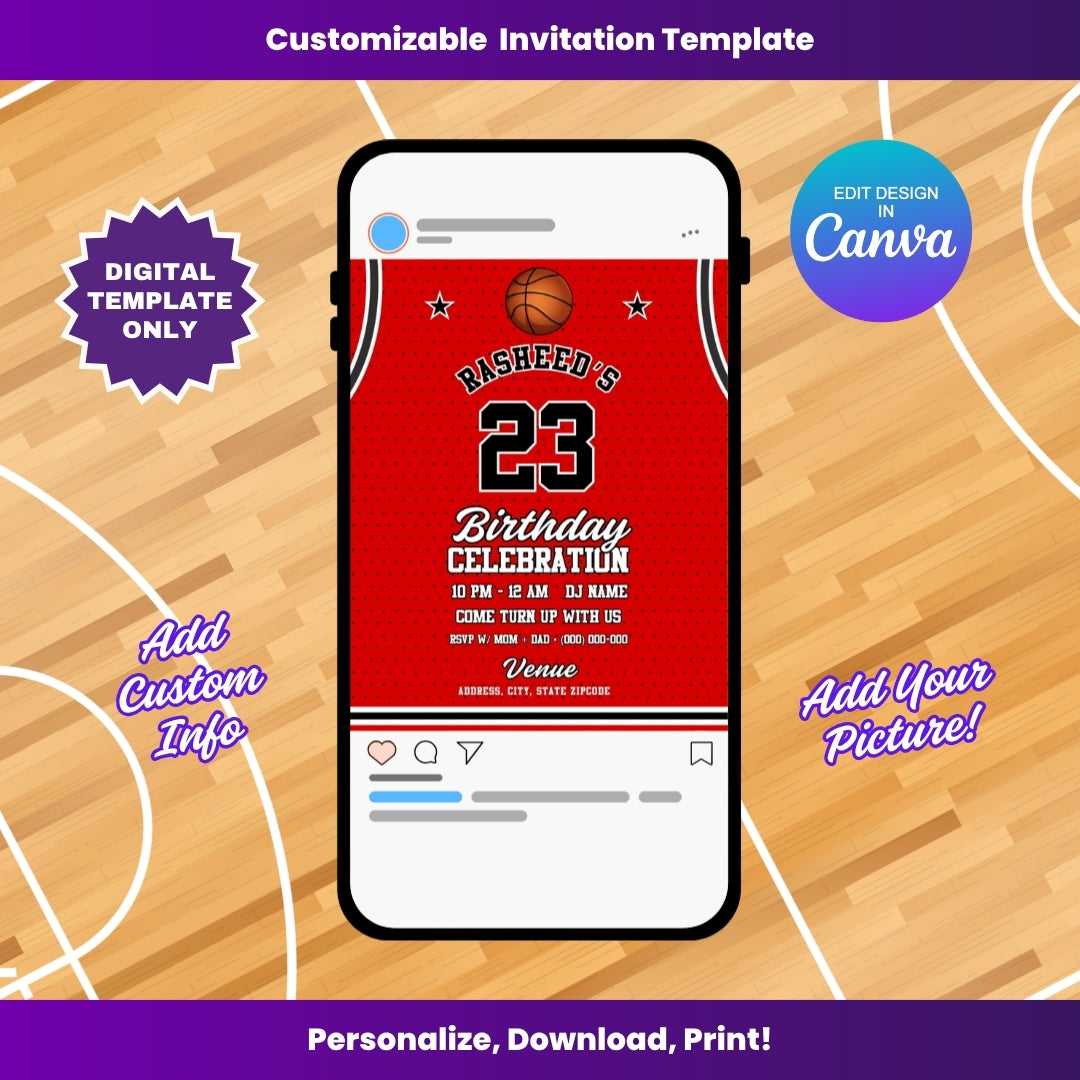 Bulls Basketball Birthday Flyer Editable Canva Template