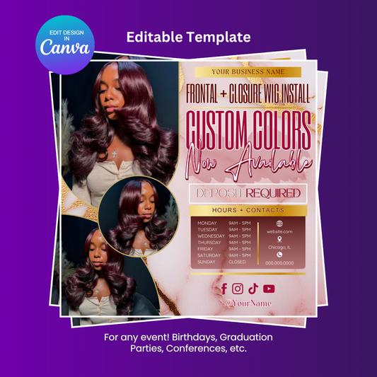 Wig Install and Hair Sale Booking Flyer Editable Canva Template