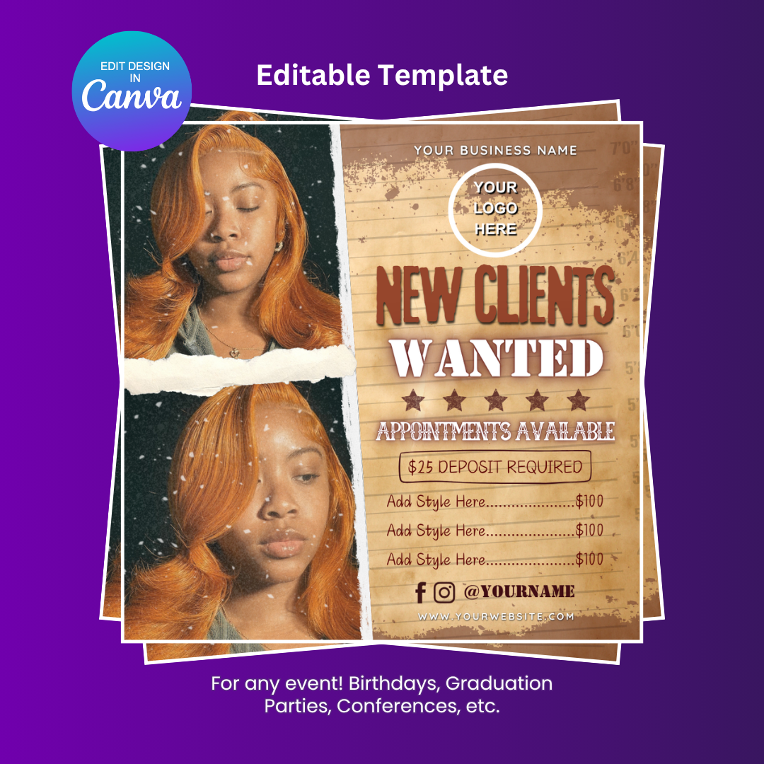 New Clients Wanted Booking Flyer Editable Canva Template