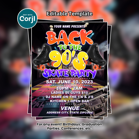 Back to the 90's Skate Party Flyer Editable Template