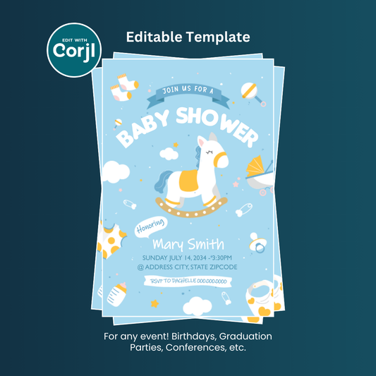 Rocking Horse Baby Shower Flyer Editable Template (Boy Edition)